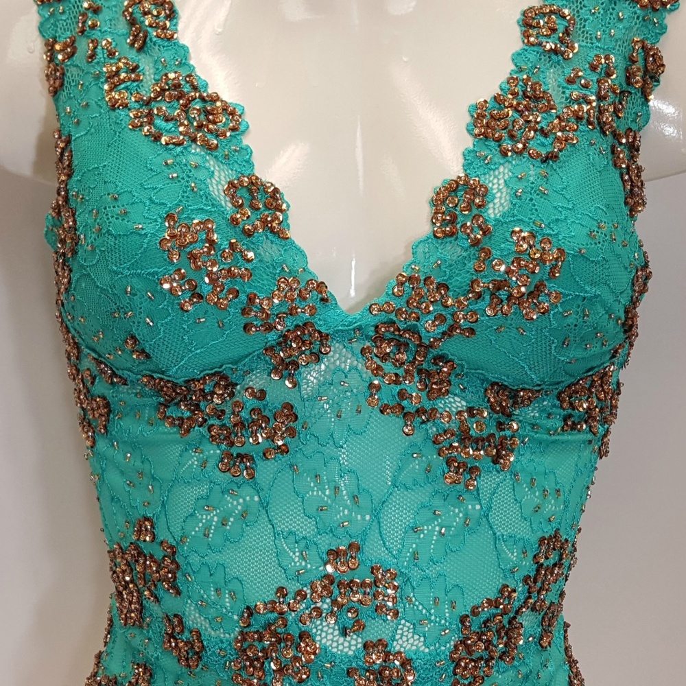 Beaded lace blouse top green bronze combination